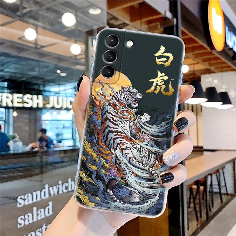 Zeichnung Drache Tiger Vögel Anime Klare Hülle für Samsung Galaxy S21 S20 FE S22 Ultra S10e S10 S9 Plus 5G Weiche Handyhülle Coque