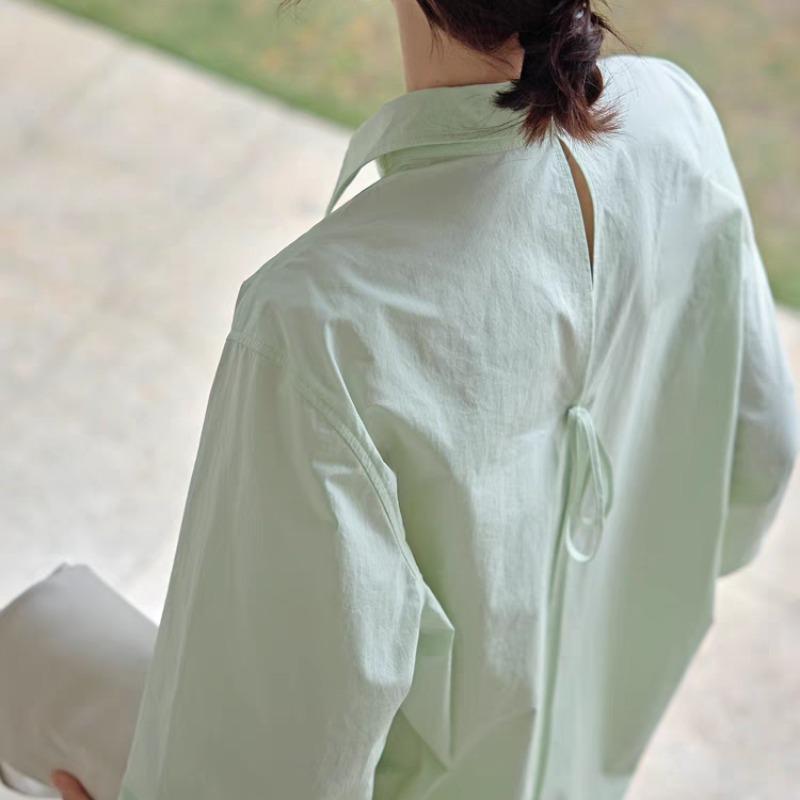 2026 Spring Women's Apple Green Lace-Up Sun Protection Shirt - Long-Sleeve, Airy, Simple, Loose Top