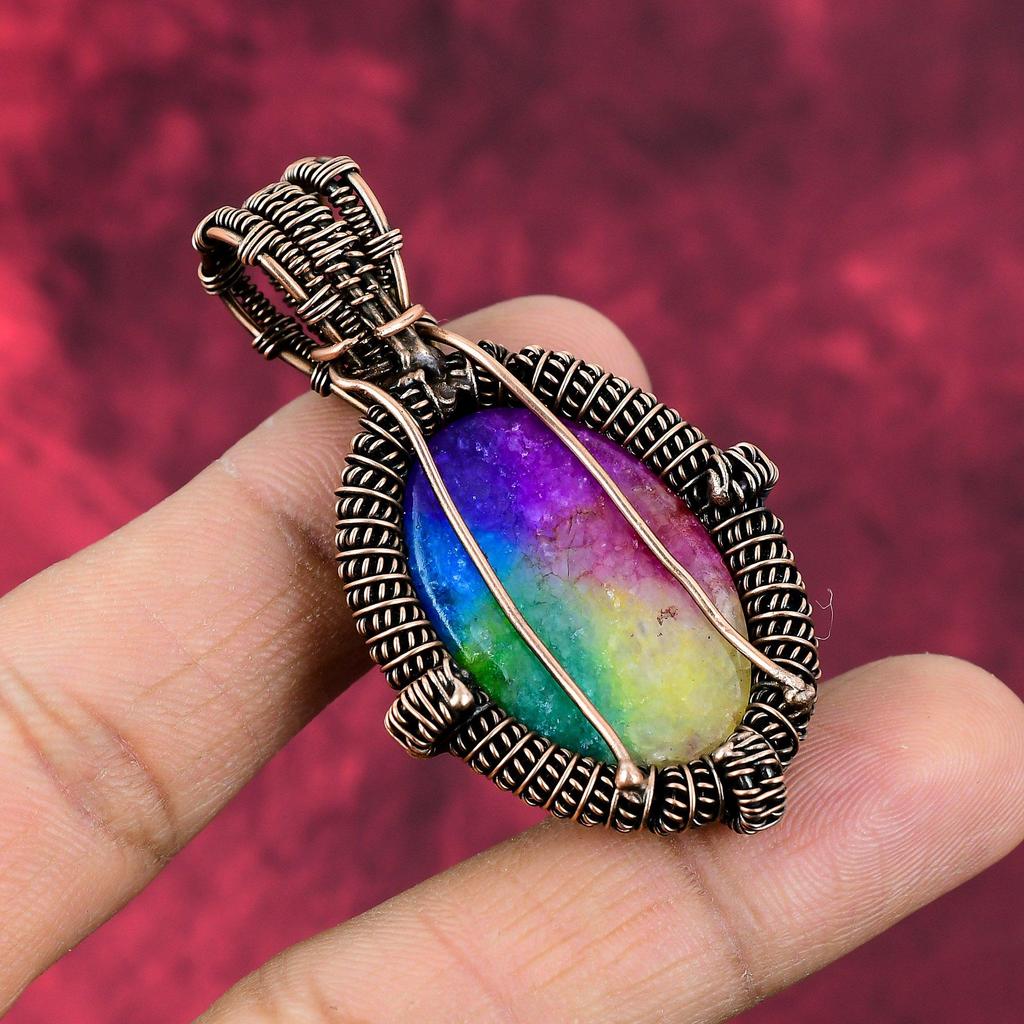 Rainbow Solar Quartz Druzy Pendant Copper Wire Wrapped Pendant Handmade Copper Jewelry Gemstone Pendant Wire Weaving Jewelry Gift For Mother