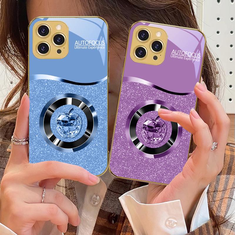 Crystal Purple Apple For IPhone 16 16Pro Max 15 P ro 14 13 Plus 12 Mini 11Pro Max XS Max XR Golden tempered glass phone case