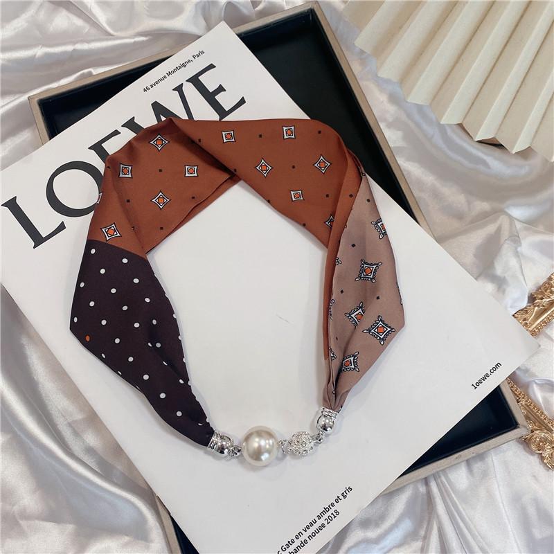 Luxury Design Magnetic Button Summer Silk Scarf Women Magnetic Pearl Necklace Scarves High End Matching Shirt Scarf Lady