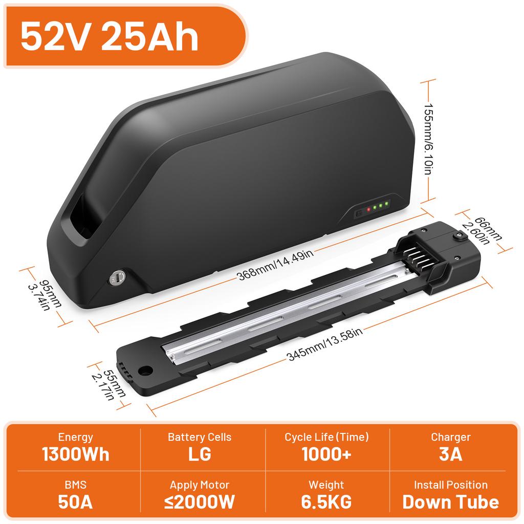 52V 25Ah Lithium-Akku EU-Lager Unterrohr 50A BMS mit 3A Ladegerät Anwendbar für 500W/750W/1000W/1500W/2000W Motor E-Bike