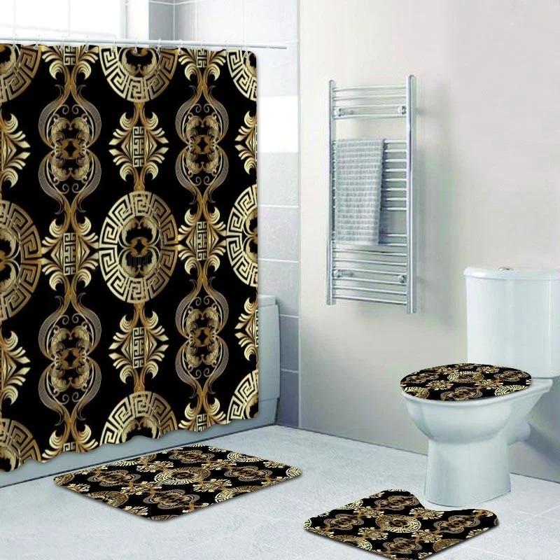 3D Luxury Black Gold Greek Key Meander Baroque Bathroom Curtains Shower Curtain Set For Bathroom Modern Geometric Bath Rug Decor