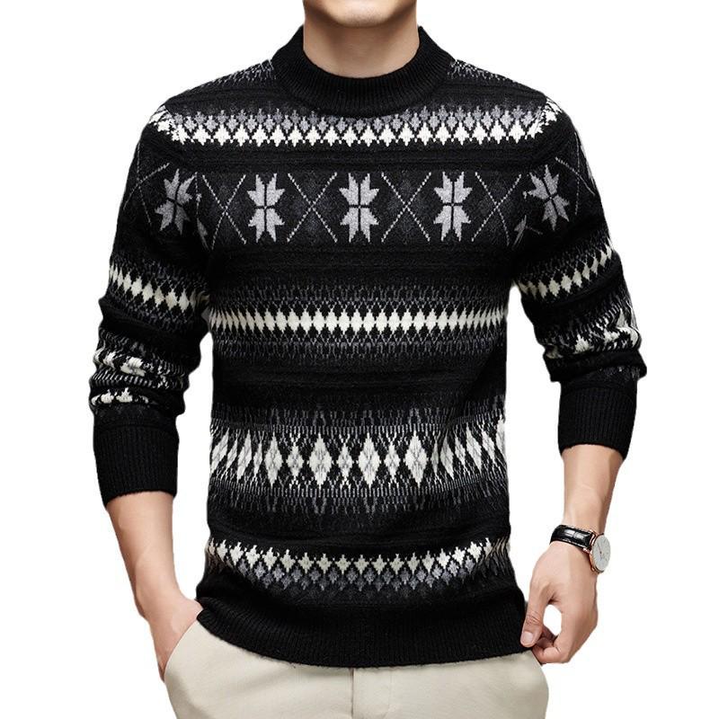 Unisex Striped Jacquard Wool Sweater - Thick, Versatile & Warm for Autumn/Winter