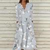 Women's Summer Casual V-Neck Button Vintage Floral Print Three-quarter Sleeve Long Dress With Pockets