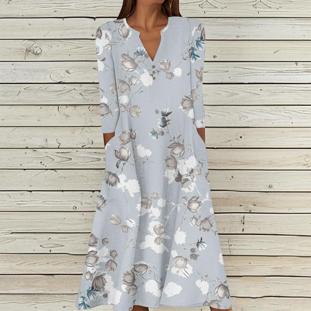 Women's Summer Casual V-Neck Button Vintage Floral Print Three-quarter Sleeve Long Dress With Pockets
