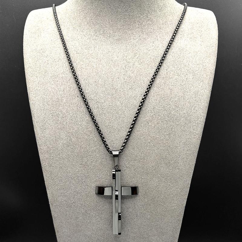 Christian Religion Simple Cross Pendant Necklace for Women Men Stainless Steel Black Color Amulet Chain Necklaces Jewelry Gift