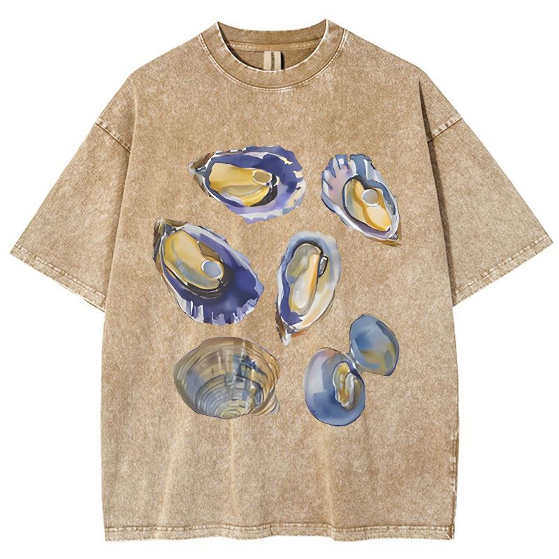 

Женская футболка с ярким принтом ракушек, рукав средней длины, эффект стирки под искусственный деним, пуловер с коротким рукавом, прохладный и удобный топ 3XL