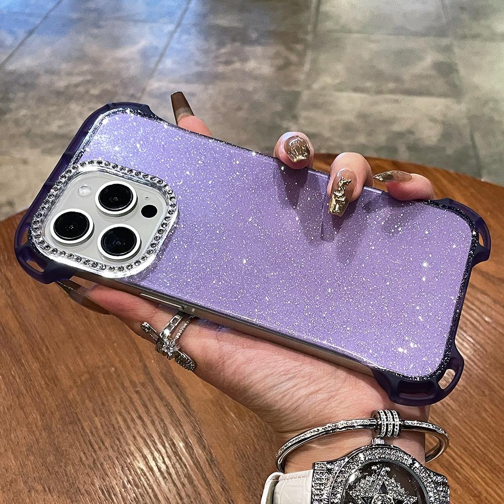 

Безрамный блестящий прозрачный чехол с бриллиантами для iPhone 14 15 16 Pro Max, ультратонкий, сверкающий, противоударный защитный чехол для ПК iPhone 15 Pro Max фиолетовый