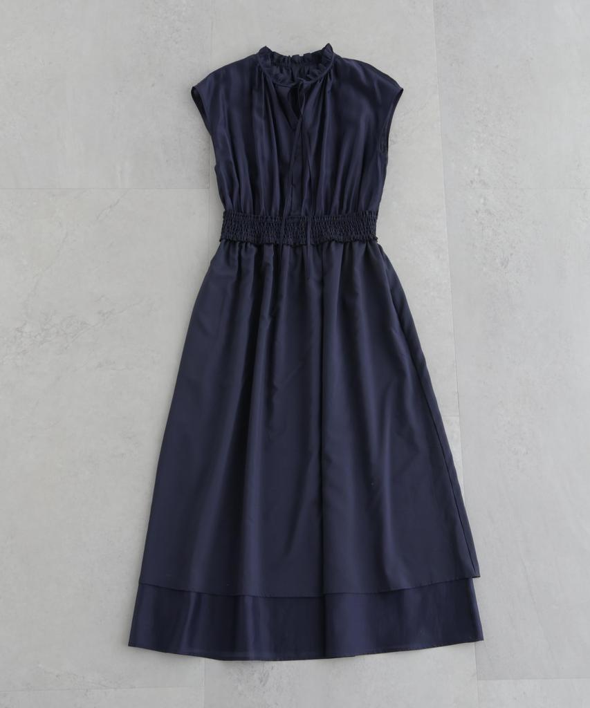 Sheer Satin Frill Collar Shirring M [Nano Universe] Dress, Women's 120, Navy, 669-6219306