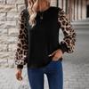 Damen T-Shirt Tops im Herbst und Winter Neu Leopardendruck Locker Langärmlig Rundhals Gespleißtes T-Shirt Vielseitige Tops