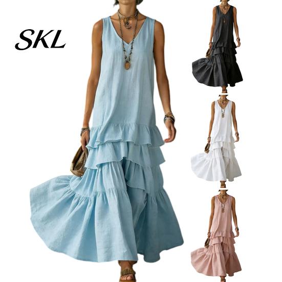 Women Dress Women's Sleeveless Summer Long Tank Dress, V Neck Tiered Layered Lotus Leaf Skirt Ruffle Maxi Casual Loose Flowy Beach Sundress