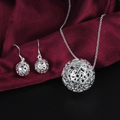 Charm 925 Silber Hohlkugel Anhänger Halskette Ohrringe Schmuckset für Damen Mode Party Weihnachtsgeschenke