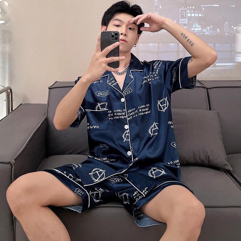 Men's Plus Size Silk-Feel Summer Pajama Set - Short-Sleeved Lapel Cardigan & Shorts