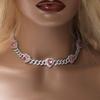 New Heart Splicing Necklace Hip Hop Personality 9MM Sweet Pink Zircon Cuban Chain Spice Girl Accessories