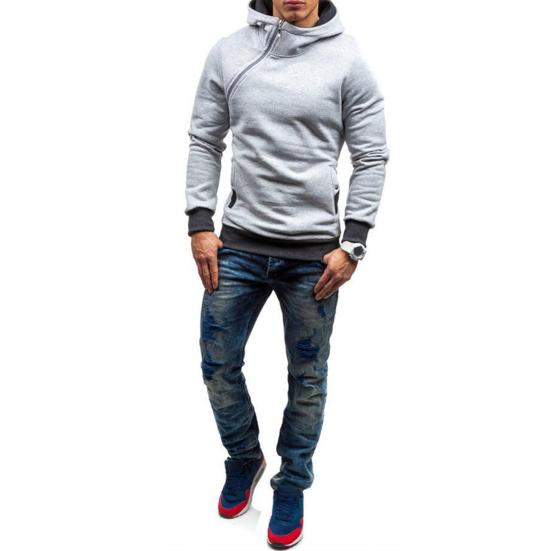 Autumn Winter Men Hoodie Slant Zipper Contrast Color Patchwork Pullover Thick Slim Fit Hooded Sweatshirt Streetwear