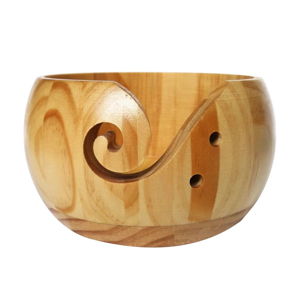 With Handmade Holes Woolen Knitting Storage Basket Wooden Yarn Bowl Wool Holder Organizer Knitting Crochet Weaving Tools