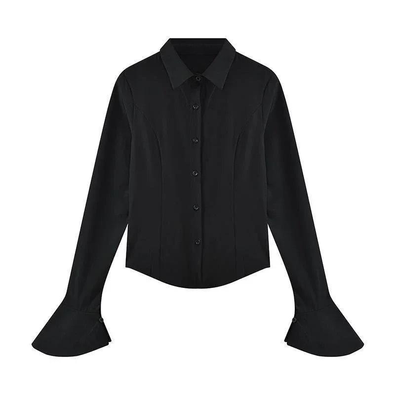 Sexy Slim Flared Sleeve Women's Shirt Solid Lapel Single-breasted Back Bandage Tunic Female Blouses Spring Trend New Lady