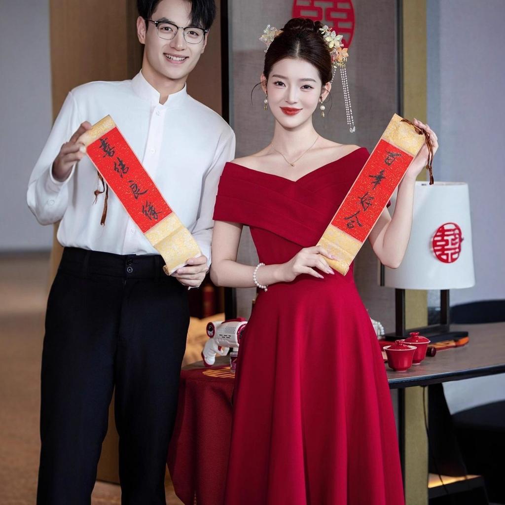 Long Toast Bride Autumn French High-end Sense Small High-end Evening Dress Engagement Red Dress Women