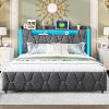 Smart Upholstered Platform Bed with Sync Colorful Lighting Charging Station Hidden Headboard Compartment and Rolling Baskets