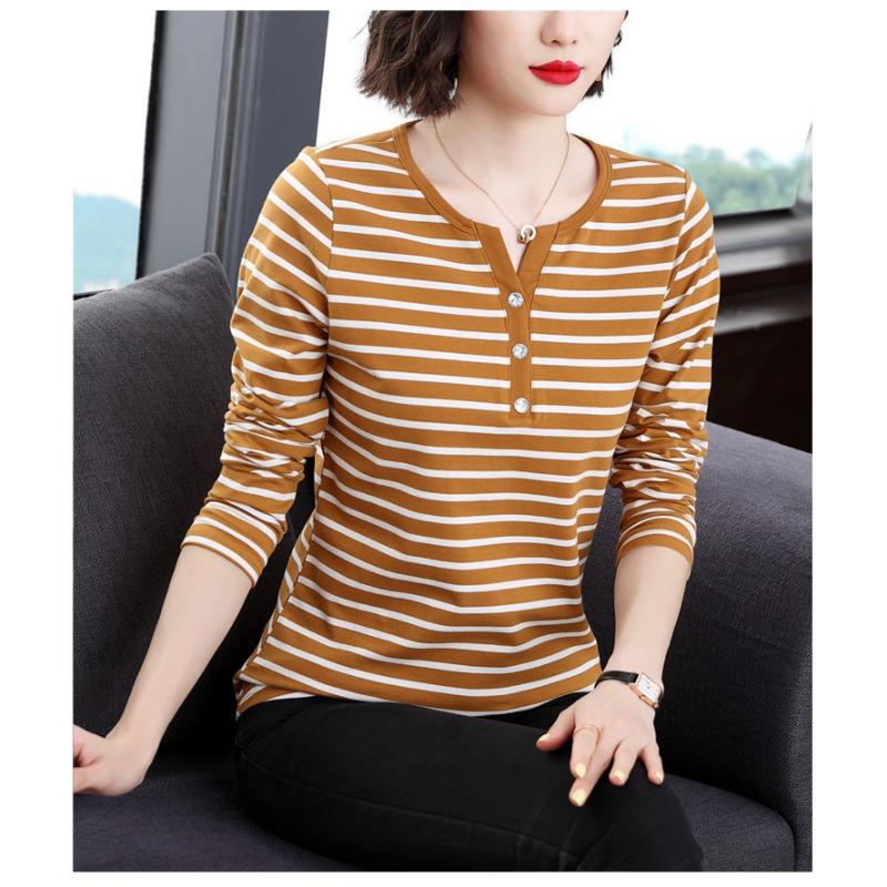 Long Sleeve Striped V Neck T Shirt Women Fitted Plus Size Casual Top