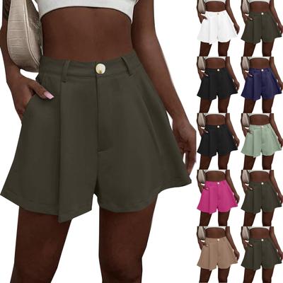 Summer Women's Fashionable Elastic High Waist Pleated Wide Leg Shorts With Pockets