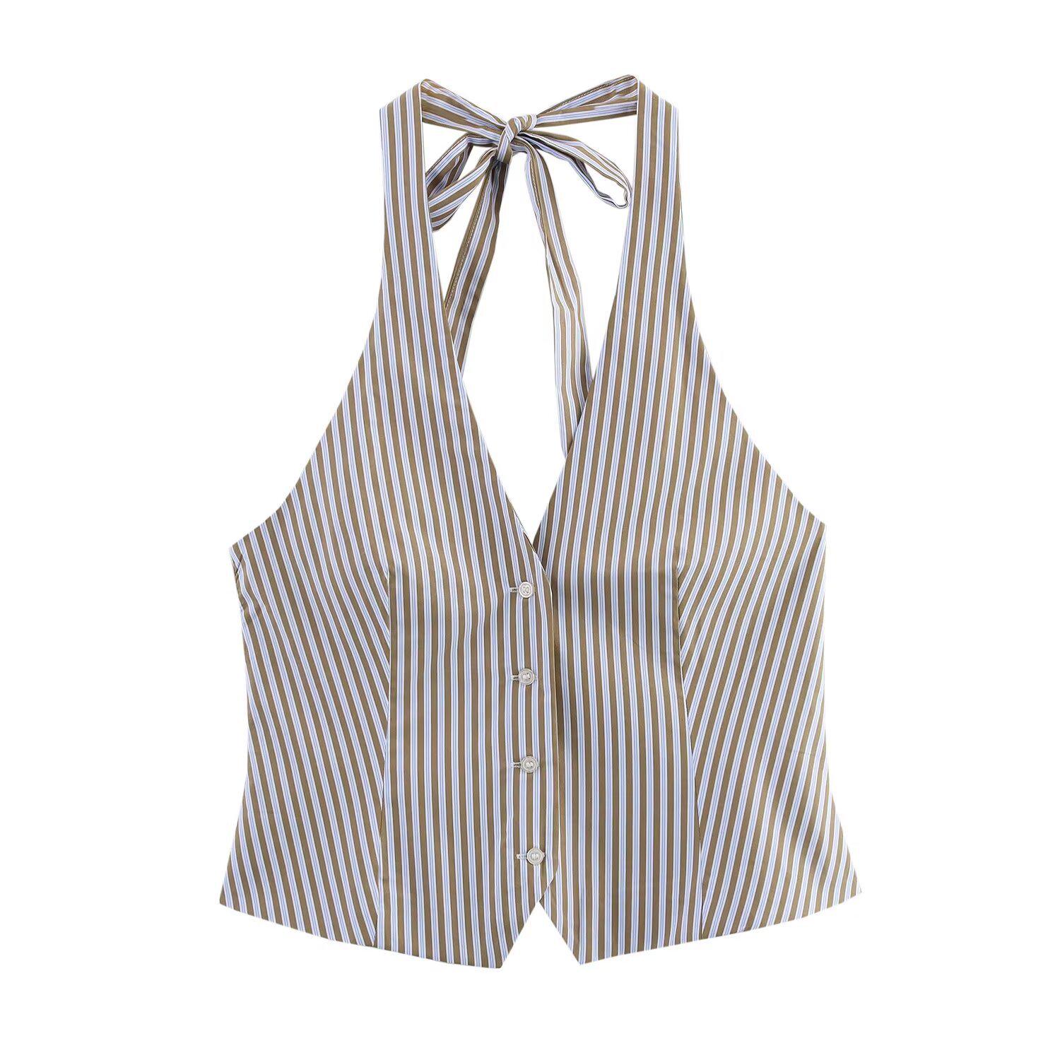 

Весна/Лето 2025 Женский комплект: полосатый топ-халтер и брюки прямого кроя Medium хаки