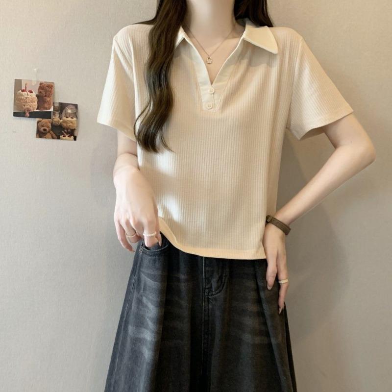 Women's Contrast Collar Polo Shirt Casual Ribbed Knit Short Sleeve Cropped Top Loose Fit Daily Blouse