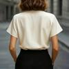 Women Satin Short Sleeve Shirt Notched Collar Hollow Out Asymmetric Placket Office Blouse for Daily