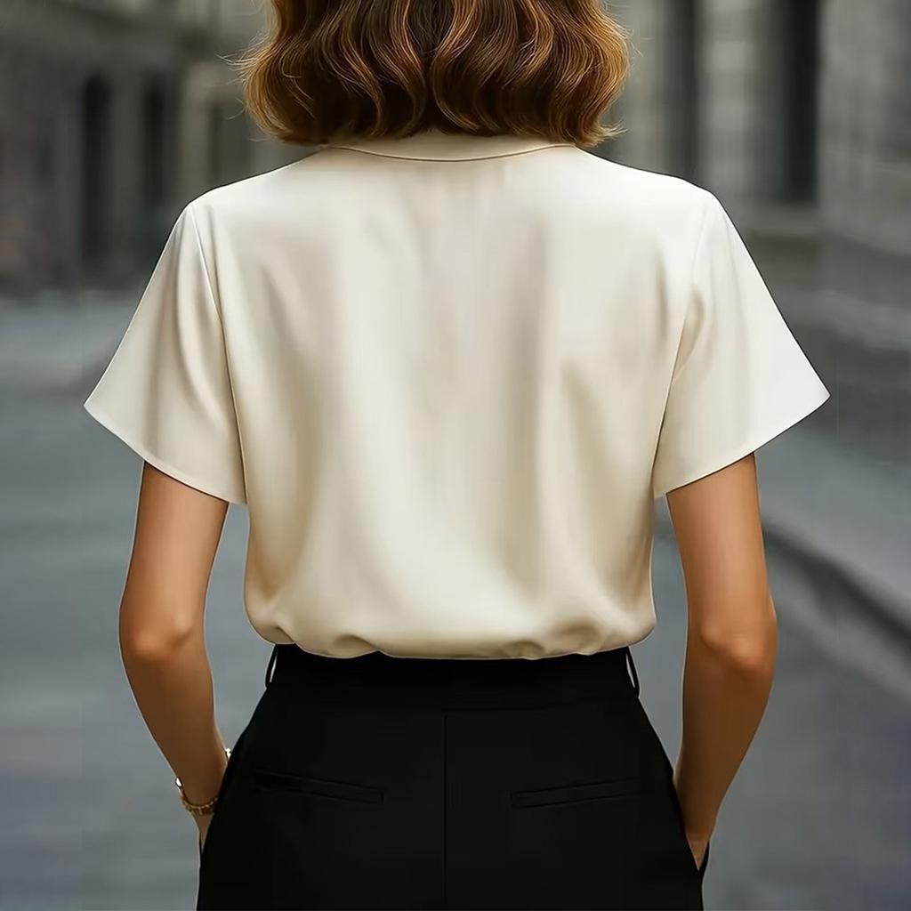Women Satin Short Sleeve Shirt Notched Collar Hollow Out Asymmetric Placket Office Blouse for Daily