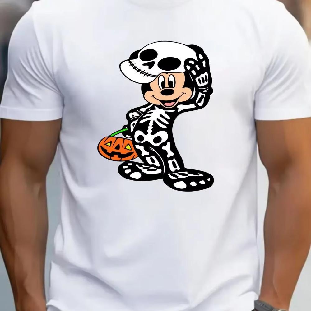 Men T Shirts Licensed Cartoon Mickey Halloween Pumpkin Print Crew Neck Short Sleeve Slight Stretch Cotton Knit T-Shirts
