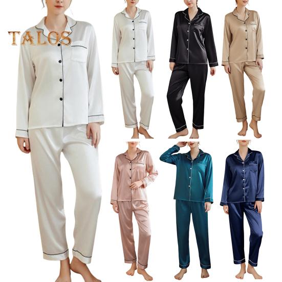 2-teiliges Pyjama-Set aus Satin, einreihig, Strickjacke, V-Ausschnitt, Reverskragen, einfarbiges Hemd, weite Hose, lockere Hose, Nachtwäsche