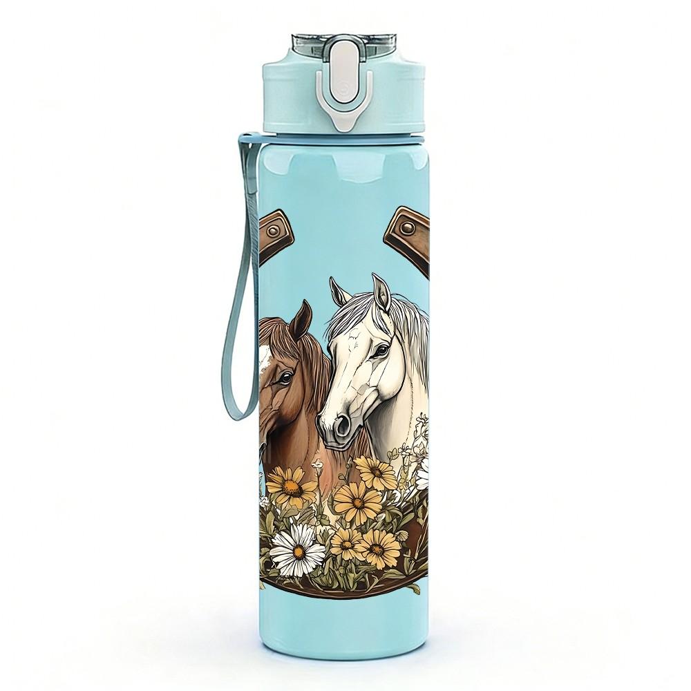 1PC Western Horse Horseshoe Pattern 750ml Color Plastic Sports Water Bottle Leakproof Flip Straw Lid Suitable for Sports Office Home Use