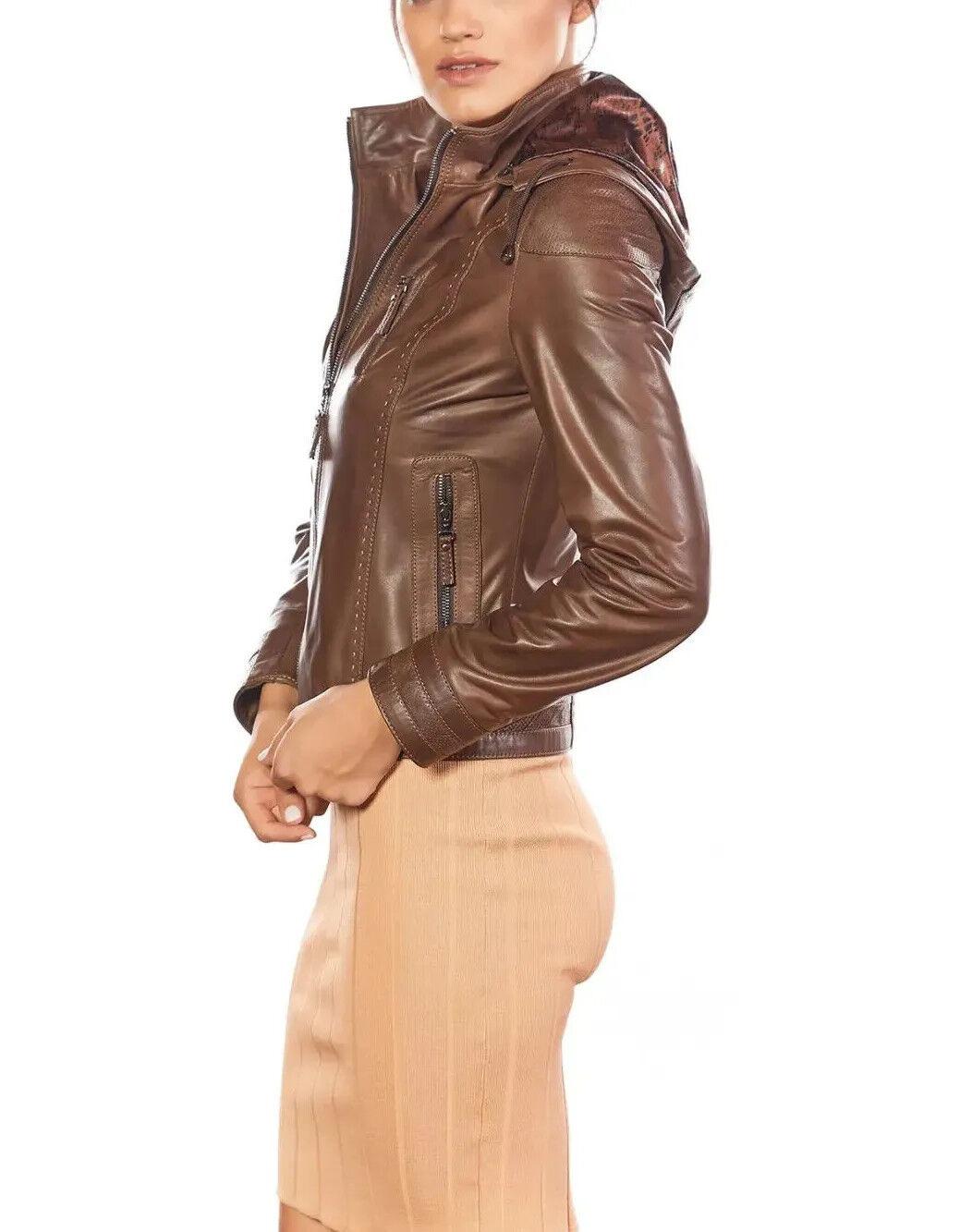 

Стильная коричневая женская куртка ручной работы на Хэллоуин с капюшоном из натуральной овечьей кожи 3XL бежевый