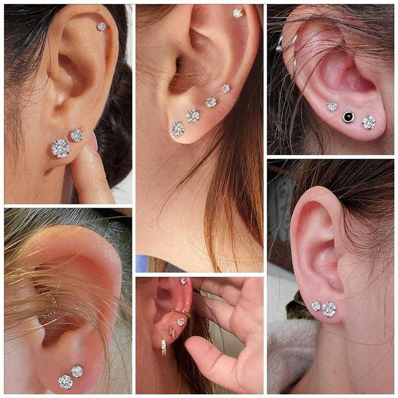 Double Sided CZ Screw Back Stud Earrings Round Clear Zircon Silver‑Tone Men Women Ear Piercing Jewelry