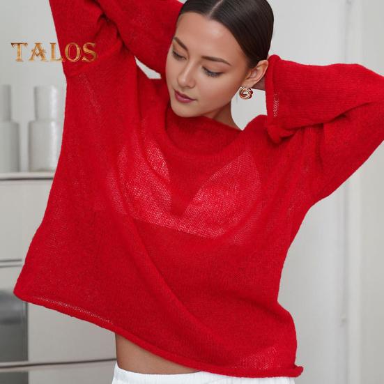 Damen Strick-T-Shirt, Rundhalsausschnitt, Ausgestellt, Langarm, Ausgehöhltes T-Shirt, Einfarbig, Lockere Passform, Durchsichtige, Dünne Strickoberteile