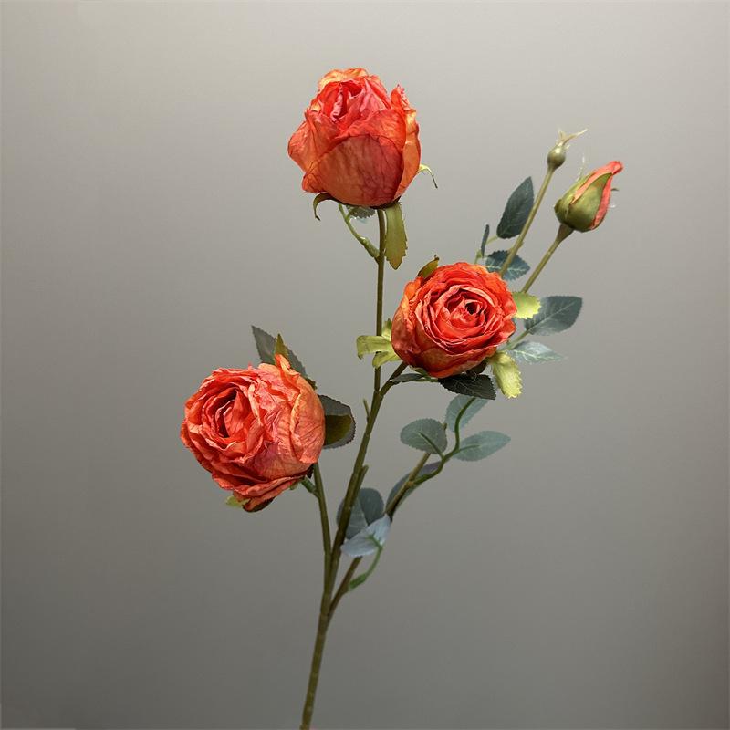4 Heads Vintage Burnt Edge Silk Roses Retro Artificial Flowers Chic Dried Rose Bouquet For Home Wedding Party Decor
