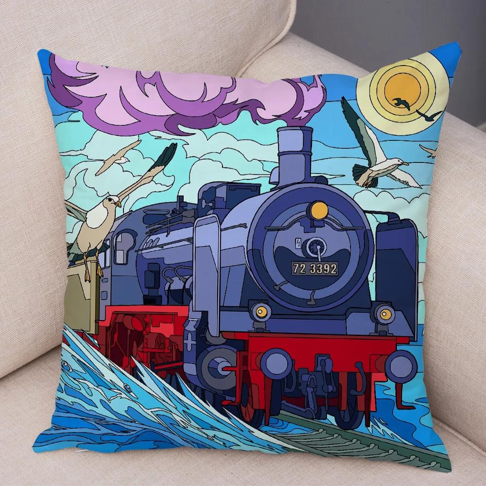 Both Sides Pillow Case Decor Happy Camper Cartoon House Travel Car Cushion Cover for Sofa Home Super Soft Plush Pillowcase