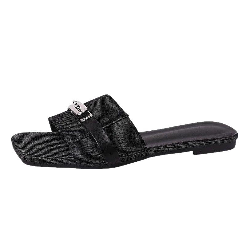 Fashion Girls Flat-bottomed Cool Slippers Summer New Niche Metal Lock Square Denim Casual One-word Slippers
