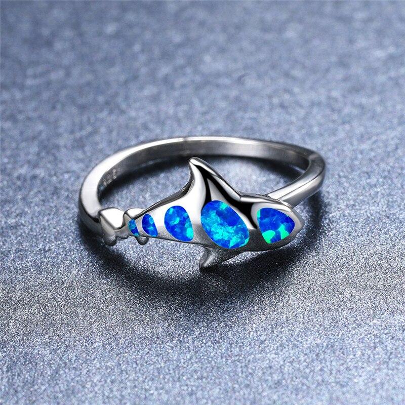 Cute Shark Blue Fire Opal Rings Bridal Wedding Occasion Jewelry Classic Vintage Stylish Fashionable  Color Animal Women Rings