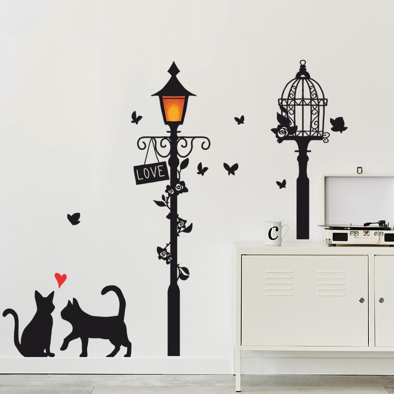

Cartoon Street Lamp Cat Wall Sticker Living Room Entrance Background Home Decoration Bedroom Decor Decal Self Adhesive Wallpaper 30x60cm