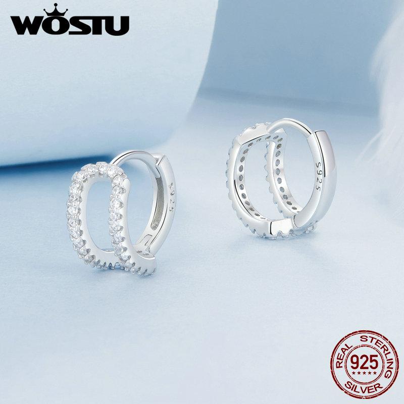 WOSTU 925 Sterling Silver AAA Zircon Wedding Earrings For Women Double-layered Stud Earrings Hoop Ear Buckles Party Jewelry Gift