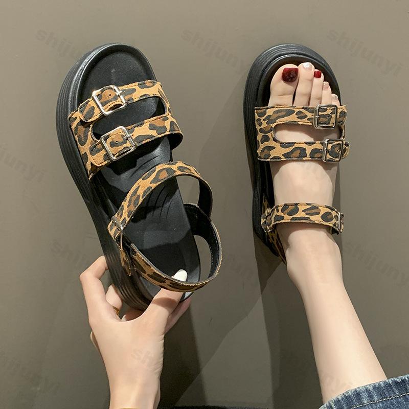 Mode Leopardenmuster Damen Sandalen 2025 Sommer Neue Freizeitschuhe Damen Mode Outdoor Strandschuhe Dicke Sohle Sandalen Sandalias De Mujer