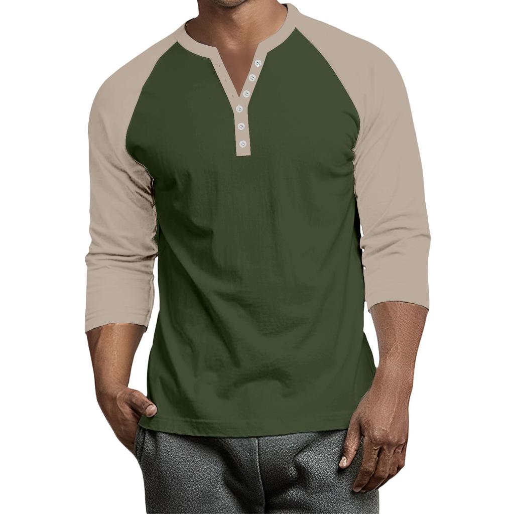 Men's Button-Down Contrast Raglan 3/4 Sleeve Top