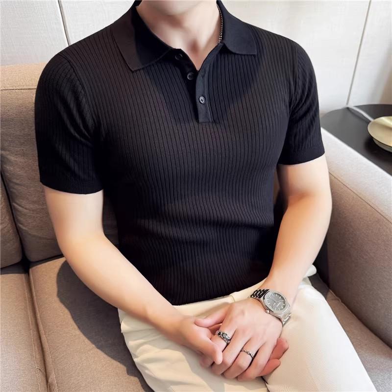 

Летняя мужская полосатая рубашка поло дышащая однотонная повседневная эластичная приталенная с коротким рукавом отложной воротник поло 2XL чёрный