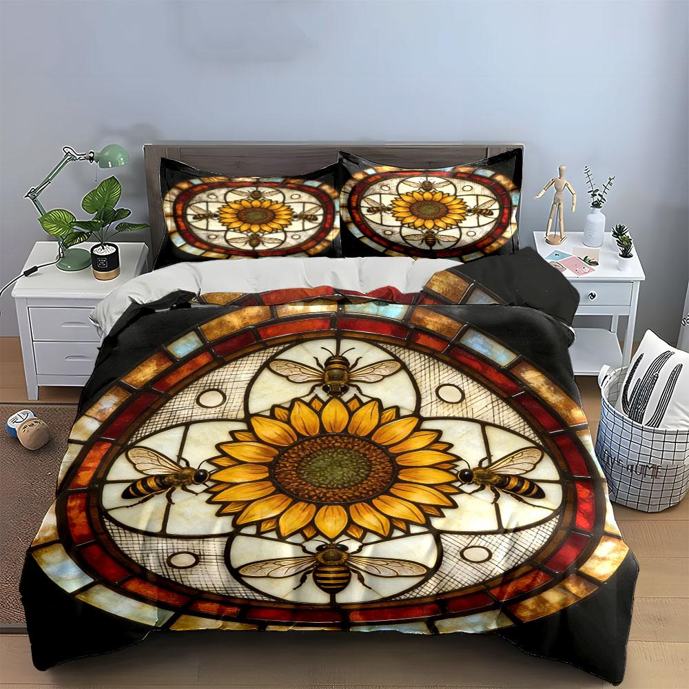 Sunflower Bee Design Decor Set Soft Comfortable Duvet Cover Bedding Set Included 1*Duvet Cover & 2*Pillowcases, Gift