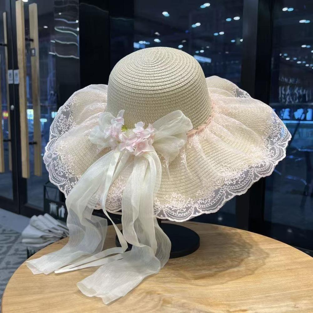 

Elegant Woman s Straw Hat Floral Design Sun Protection Cap Fashion Outdoor Beach Hat Beach Holiday Pink Style B