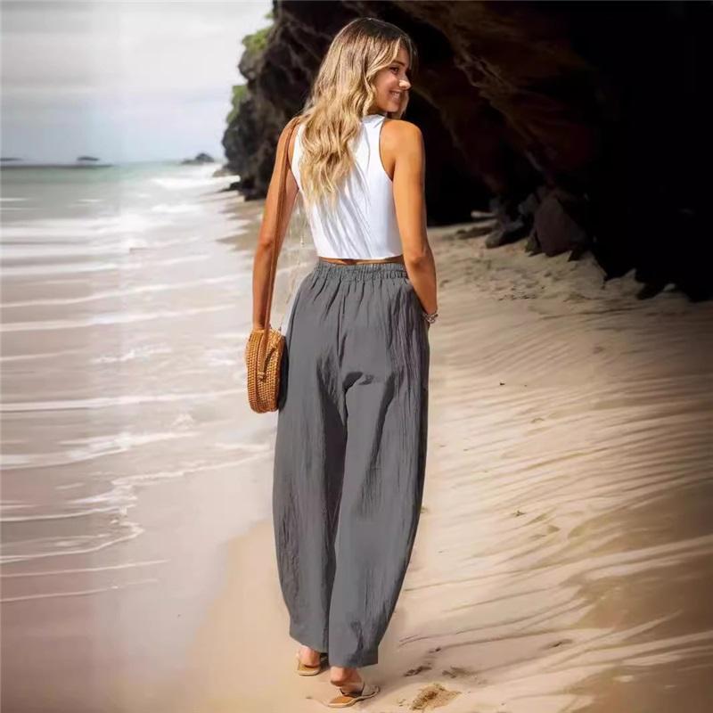Europäische und amerikanische Damen Baumwolle Leinen Freizeithose Relaxed Fit Urlaubsstil Elastischer Bund Bananenhose Arbeitshose Sommerkleidung