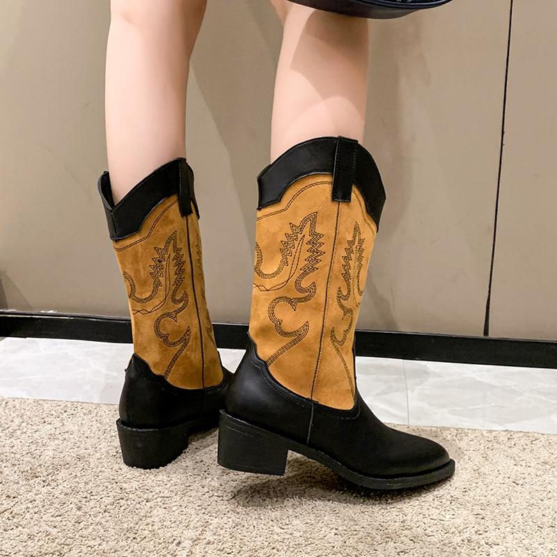 2024 Winterschuhe für Damen Slip-on Sticken Damen-Halbstiefel Quadratischer Absatz Spitzschuh Damenschuhe Mittlerer Absatz Damenstiefel