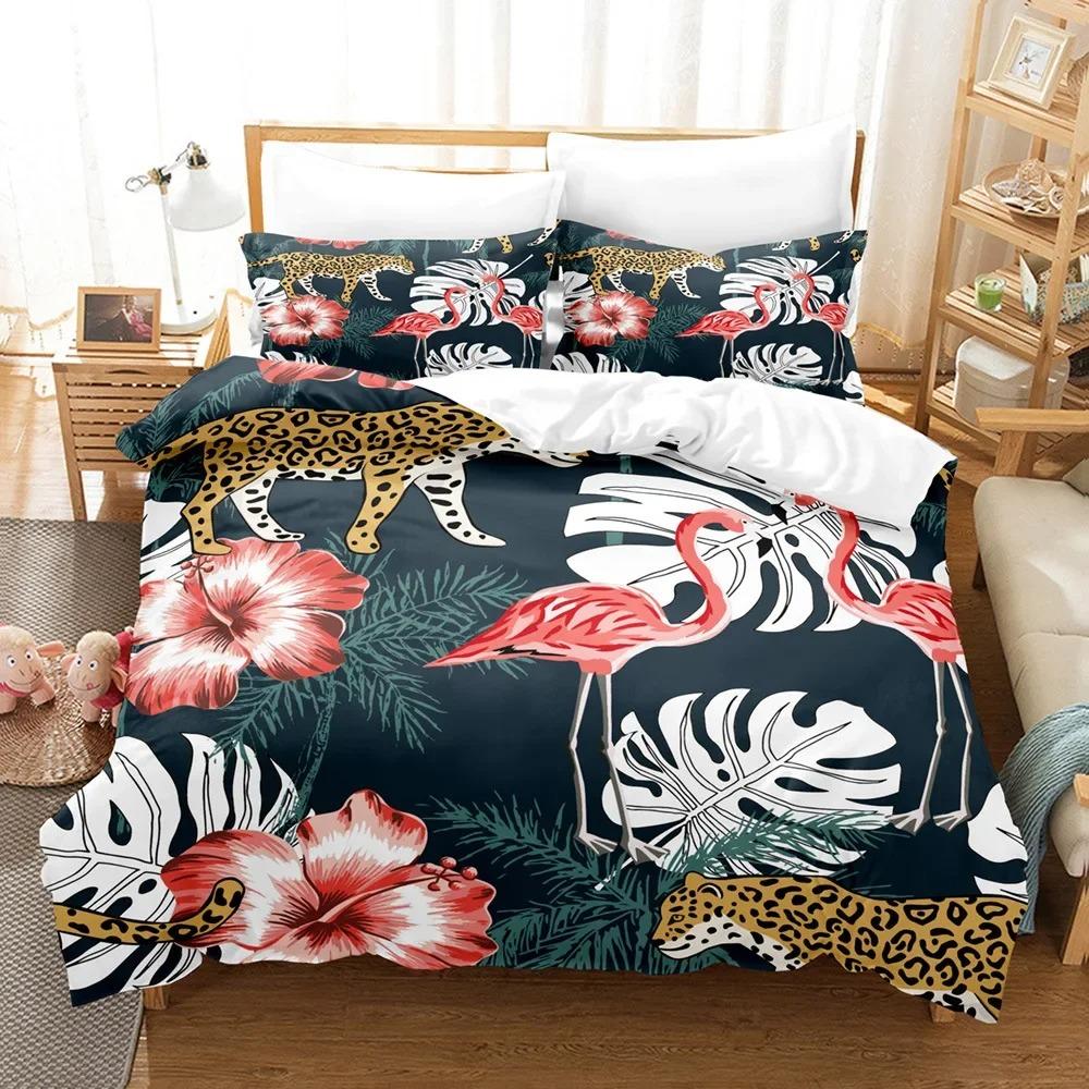 Flamingo Duvet Cover King/Queen Size Green Tropical Leaves Decor Bedding Set Palm Tree Flower Soft 2/3pcs Polyester Quilt Cover